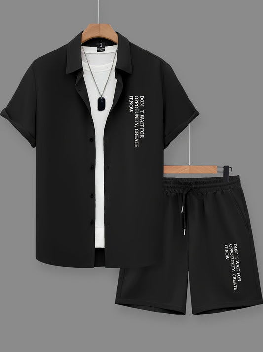 Men's Casual Two-Piece Set with Motivational Quote – Short-Sleeve Shirt and Shorts, Modern Summer Outfit