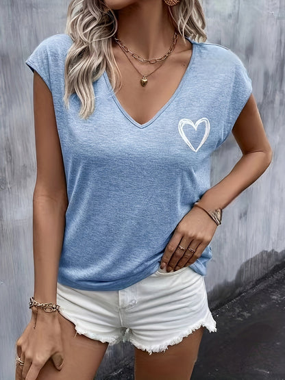 Women's T-shirt with Heart Print and V-Neck – Casual Summer Top for Leisure and Vacation