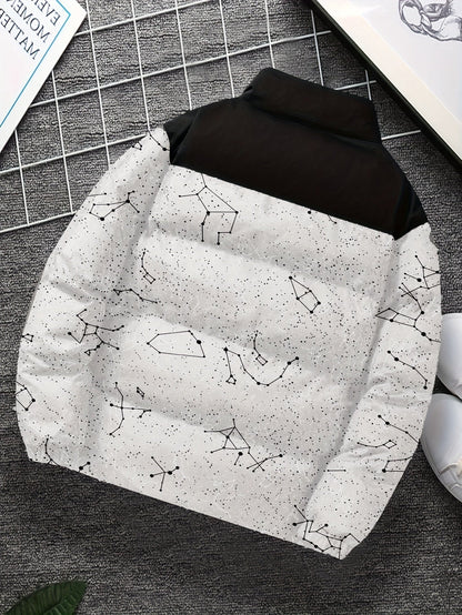 Padded jacket with constellation print, zipper, and stand-up collar