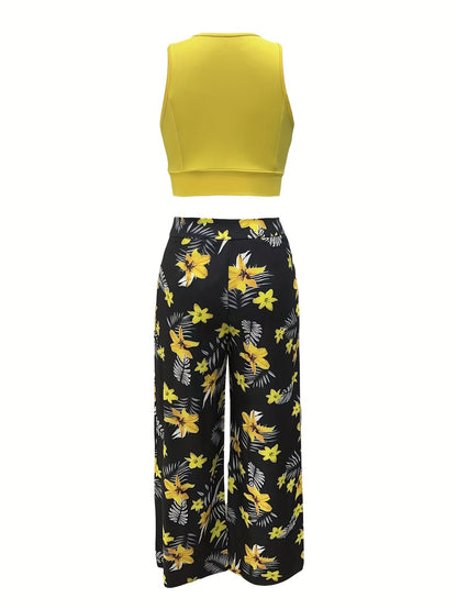 Women's Elegant Summer Set with Crop Top and Maxi Skirt, Floral Pattern, Perfect for Vacation & Leisure