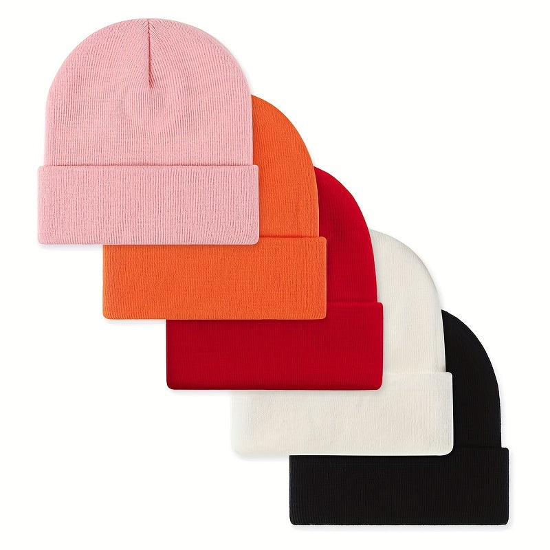 Unisex beanie knit hat with rolled brim, 5-pack in assorted colors