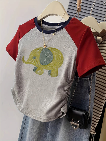 Women's T-shirt with Elephant Print in Y2K Style for Leisure and Everyday Wear