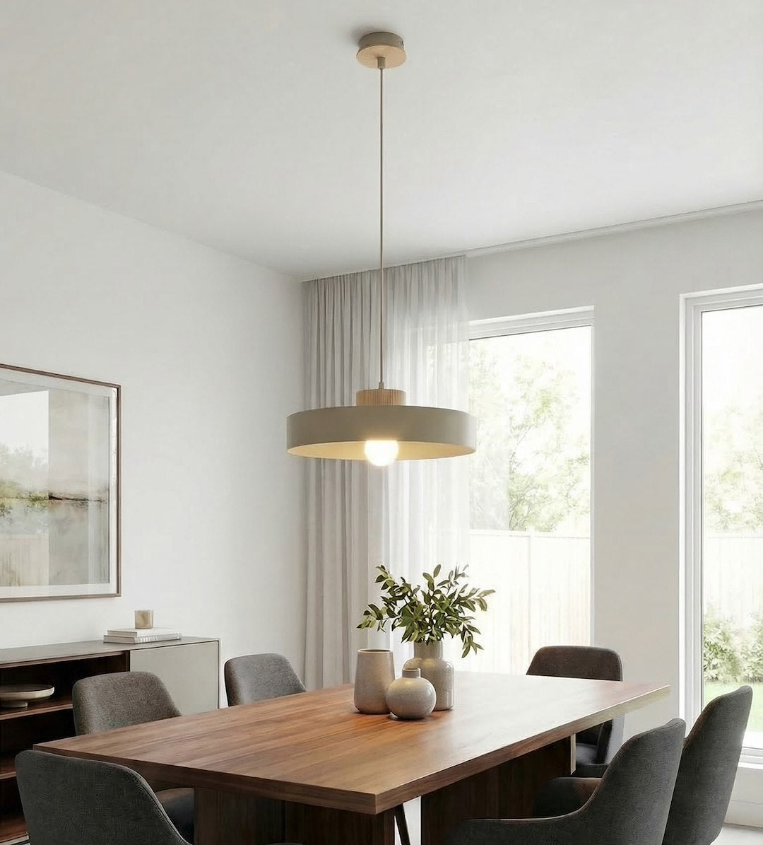Hanglamp gepoedercoat staal en hout Scandinavisch Kivi beige Ø 35 cm, 1 fitting E27, woonkamer