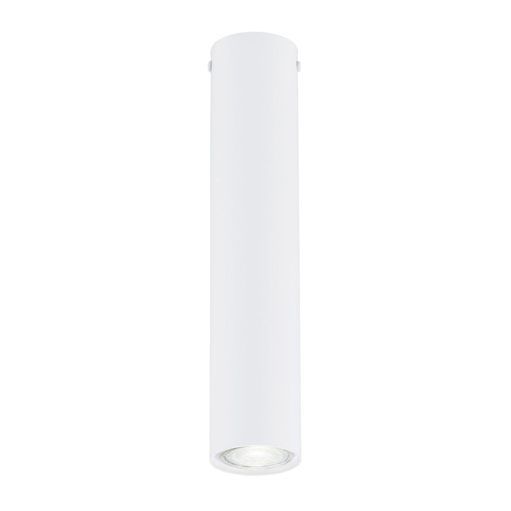 Witte cilindervormige plafondlamp met GU10-spot, gezien van voren op een witte achtergrond