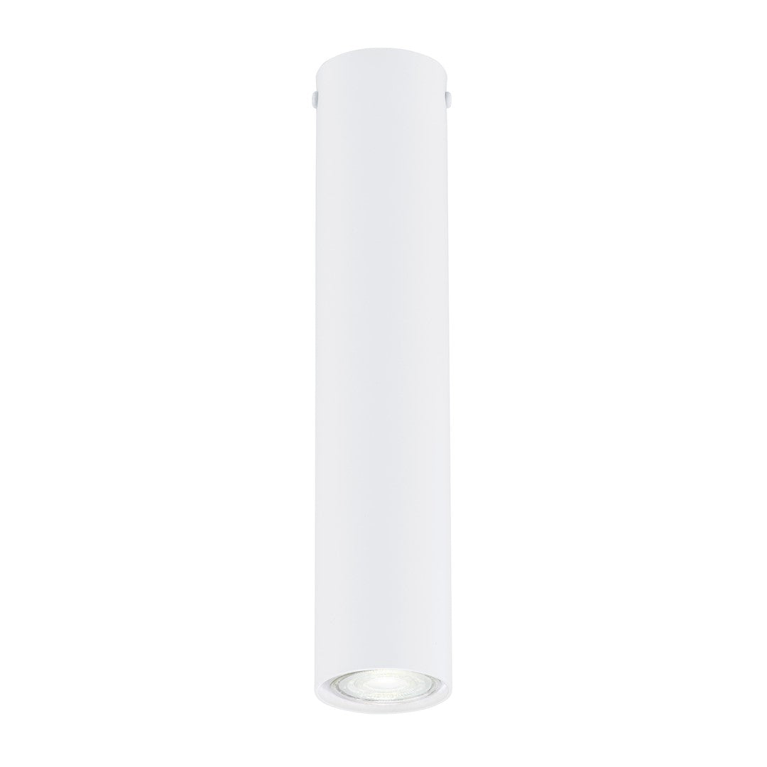 Witte cilindervormige plafondlamp met GU10-spot, gezien van voren op een witte achtergrond
