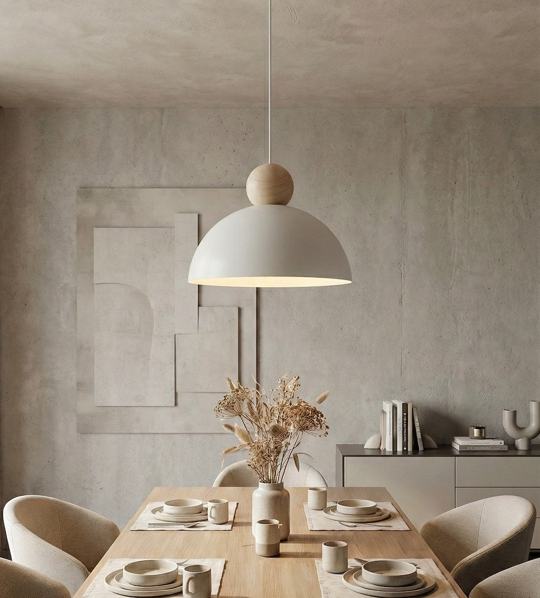 Hanglamp Kaki gepoedercoat staal en hout, Scandinavisch, wit, 30 x 30 cm, 1 fitting E27, voor lage plafonds