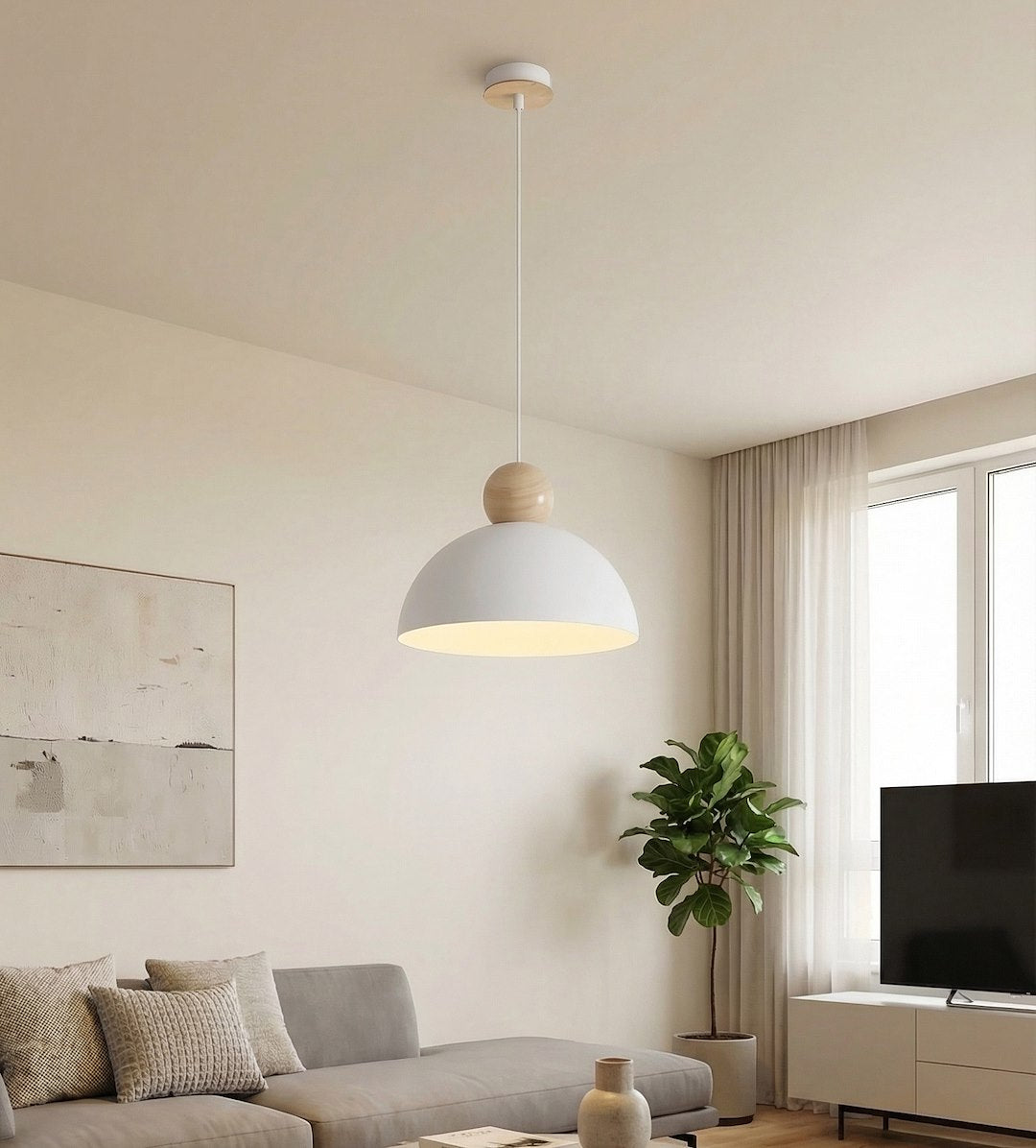 Hanglamp Kaki gepoedercoat staal en hout, Scandinavisch, wit, 30 x 30 cm, 1 fitting E27, voor lage plafonds