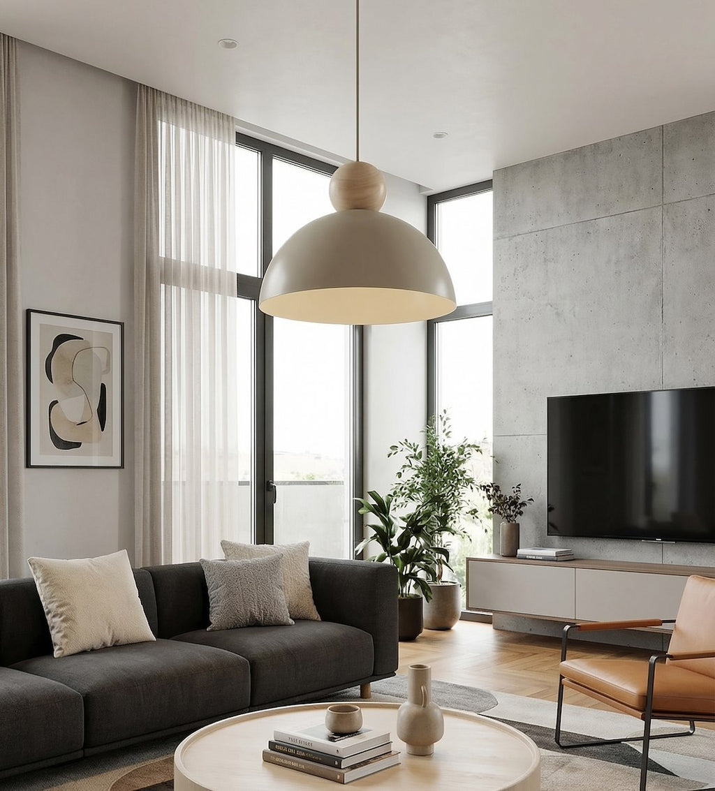 Hanglamp Kaki gepoedercoat staal en hout, Scandinavisch, beige, 1 lichtpunt, E27, verstelbare ophanging