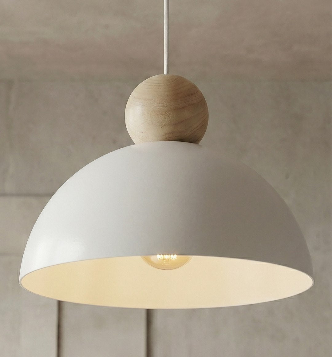 Hanglamp Kaki gepoedercoat staal en hout, Scandinavisch, wit, 30 x 30 cm, 1 fitting E27, voor lage plafonds