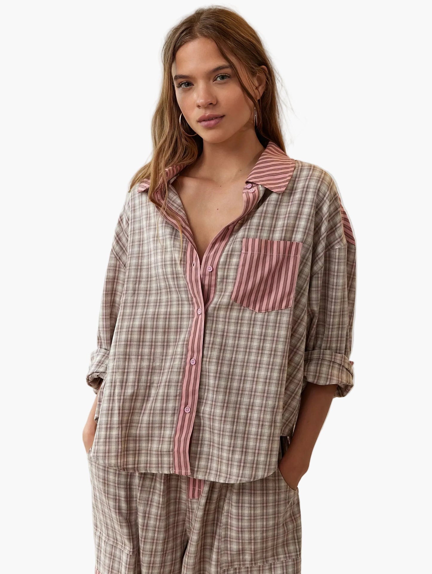 Women's Pajama Set in Loose Fit – Contemporary Striped Check Pattern, Home Clothing & Relaxation Wear