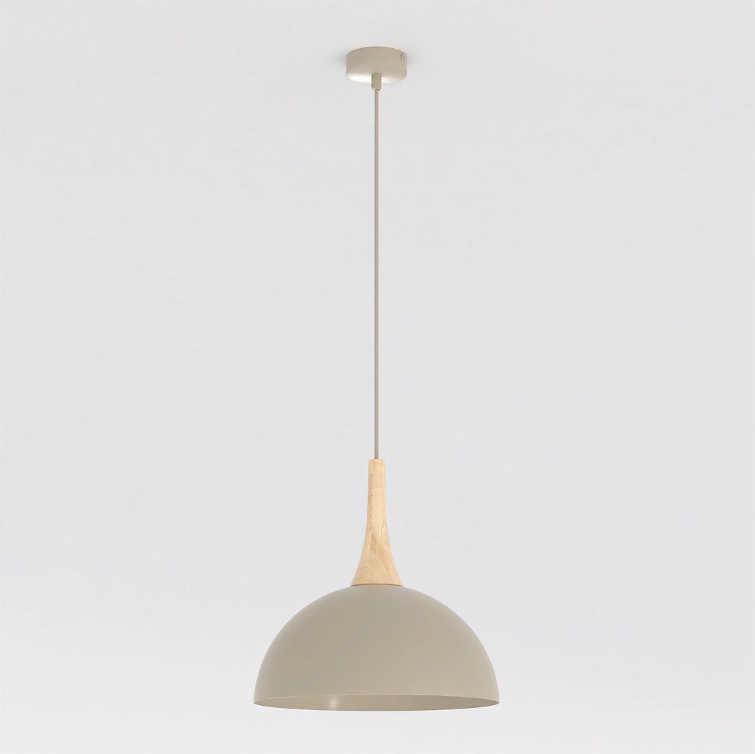 Beige koepelvormige hanglamp met houten accent en dunne beige ophangsnoer en plafondplaat