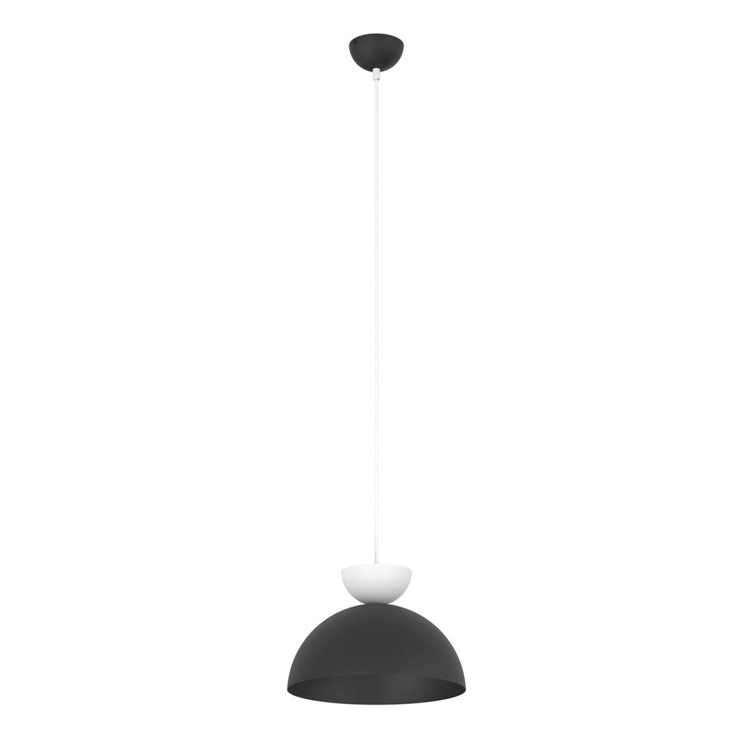 Zwarte halfronde hanglamp met wit accent aan een dunne witte snoerophanging en zwarte plafondkap