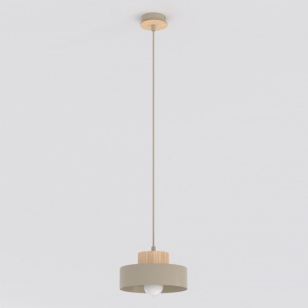Beige hanglamp met ronde metalen kap en houten element aan een dun beige snoer, met zichtbare lamp