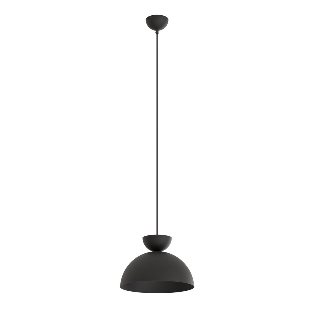 Zwarte hanglamp met halfronde kap en klein halfrond element erboven, aan een dun snoer met ronde plafondkap
