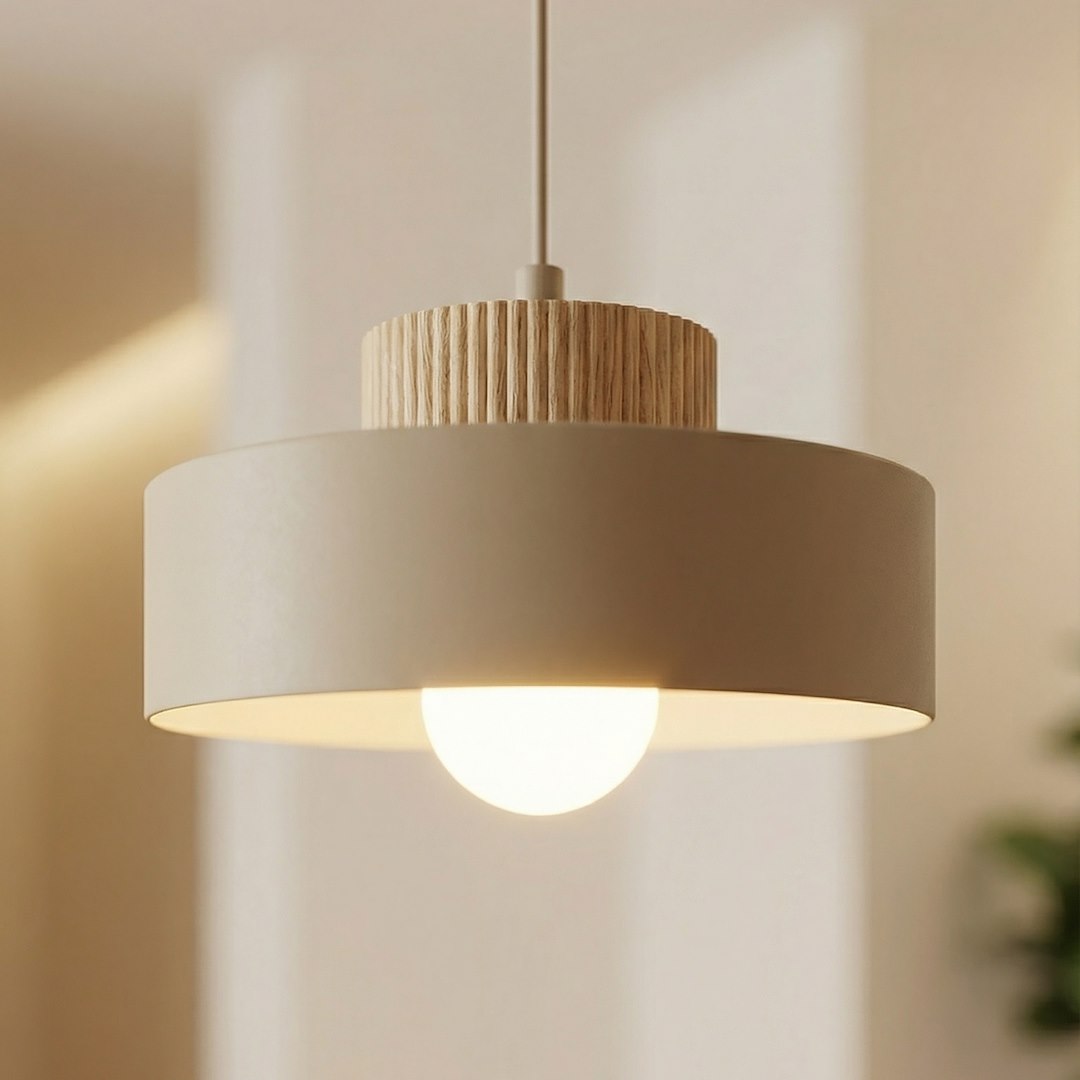 Hanglamp gepoedercoat staal en hout Scandinavisch Kivi beige Ø 20 cm voor woonkamer en eetkamer