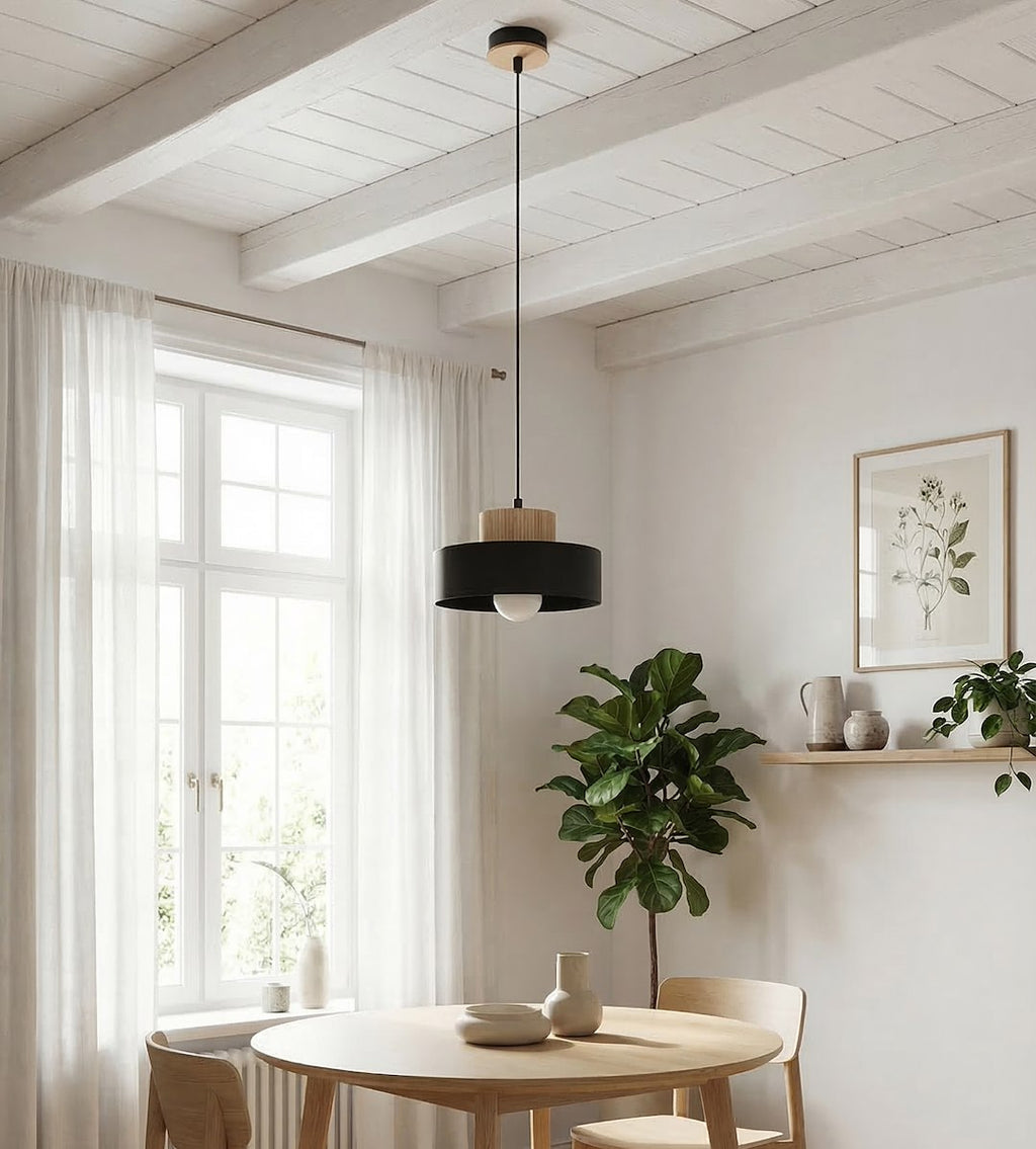 Hanglamp gepoedercoat staal met hout, Scandinavisch Kivi, zwart, 20 x 20 cm, 1 x E27 voor woonkamer en eetkamer