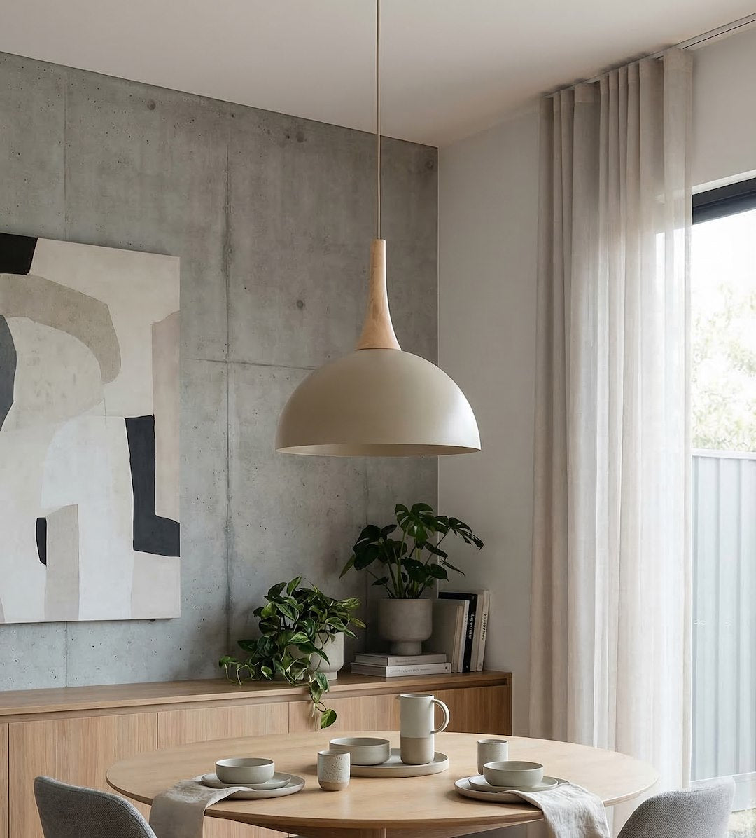 Hanglamp gepoedercoat staal en hout Scandinavisch beige Nautica 30 cm, 1 fitting, woonkamer en eetkamer