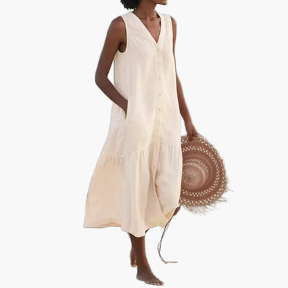 Women's summer beach dress sleeveless with V-neck and button placket – Casual leisurewear