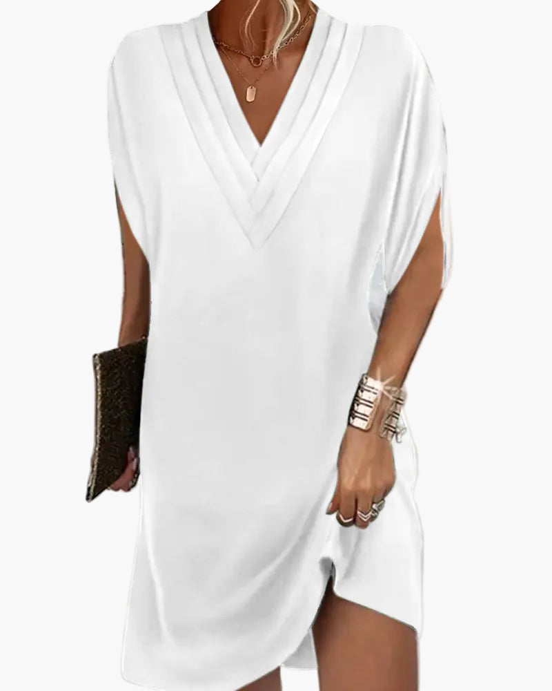 Damen Kleid mit V-Ausschnitt und Schlitzärmeln – Modisches Freizeitkleid für Alltag & Events