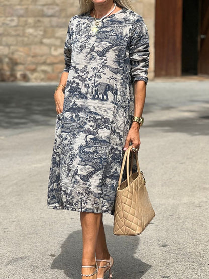 Damen Vintage Freizeitkleid mit Print – Lockeres Langarm Winterkleid für Alltag & Plus Size