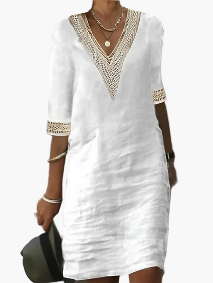 Damen Sommerkleid V-Ausschnitt mit Spitze – Lockeres Freizeitkleid für Alltag, Urlaub & Strand