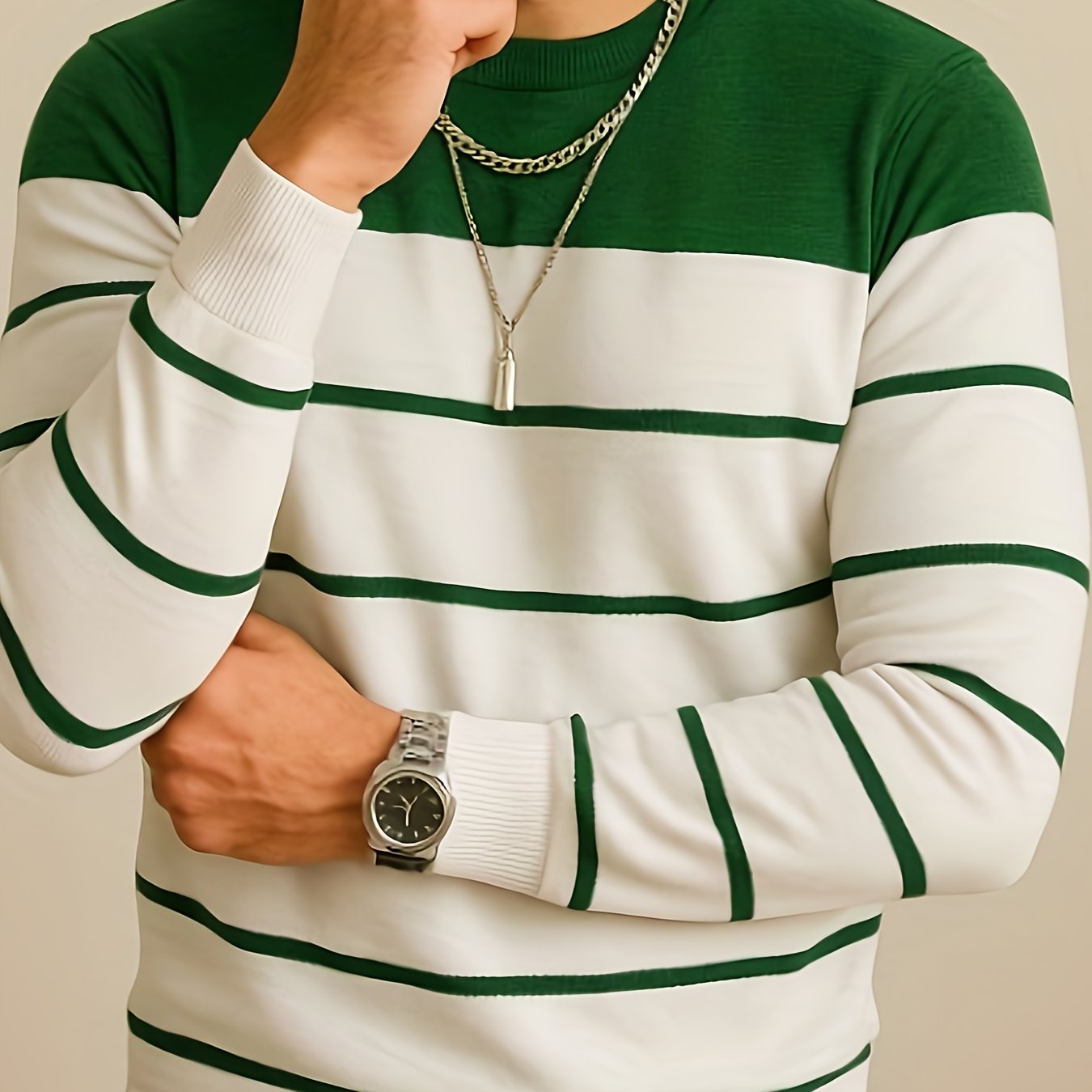 Men's striped crew-neck long-sleeve sweater, green and white