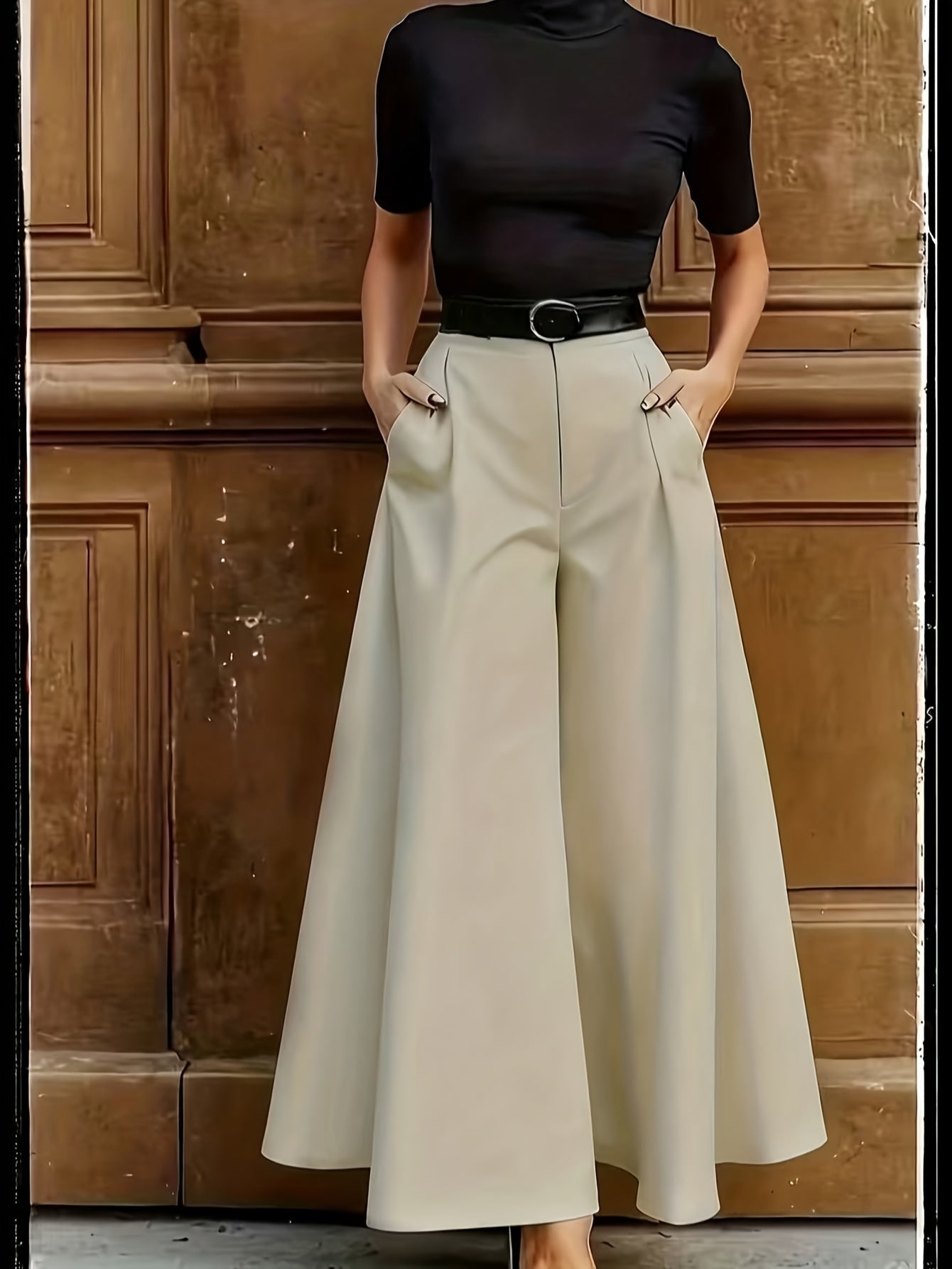 Women's Elegant Wide High-Waist Palazzo Pants with Belt for Office and Leisure