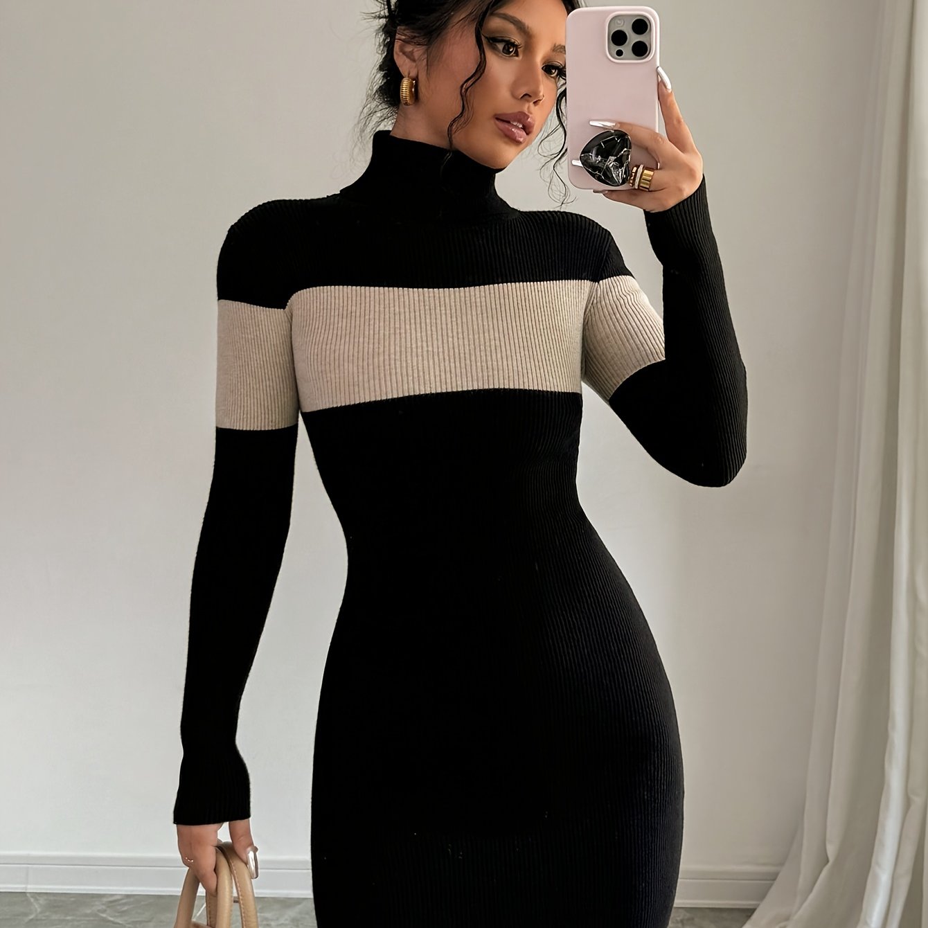 Rollkragen Strickkleid mit Blockstreifen Langarm Figurbetont