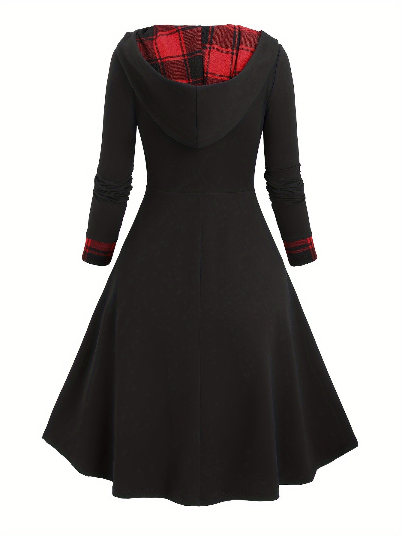 Damen Kapuzenkleid Schwarz mit kariertem Rock Schottenmuster