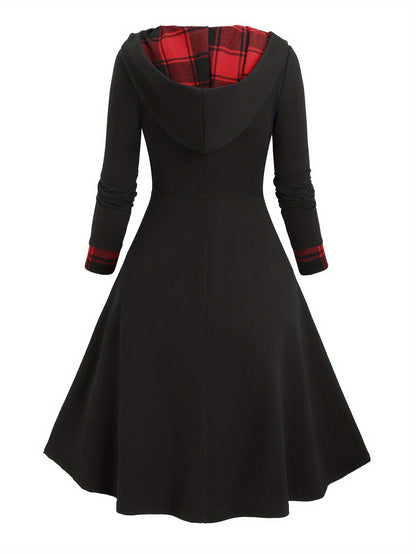 Damen Kapuzenkleid Schwarz mit kariertem Rock Schottenmuster