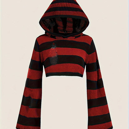 Gestreiftes Crop Top Hoodie mit Kapuze und weiten Ärmeln