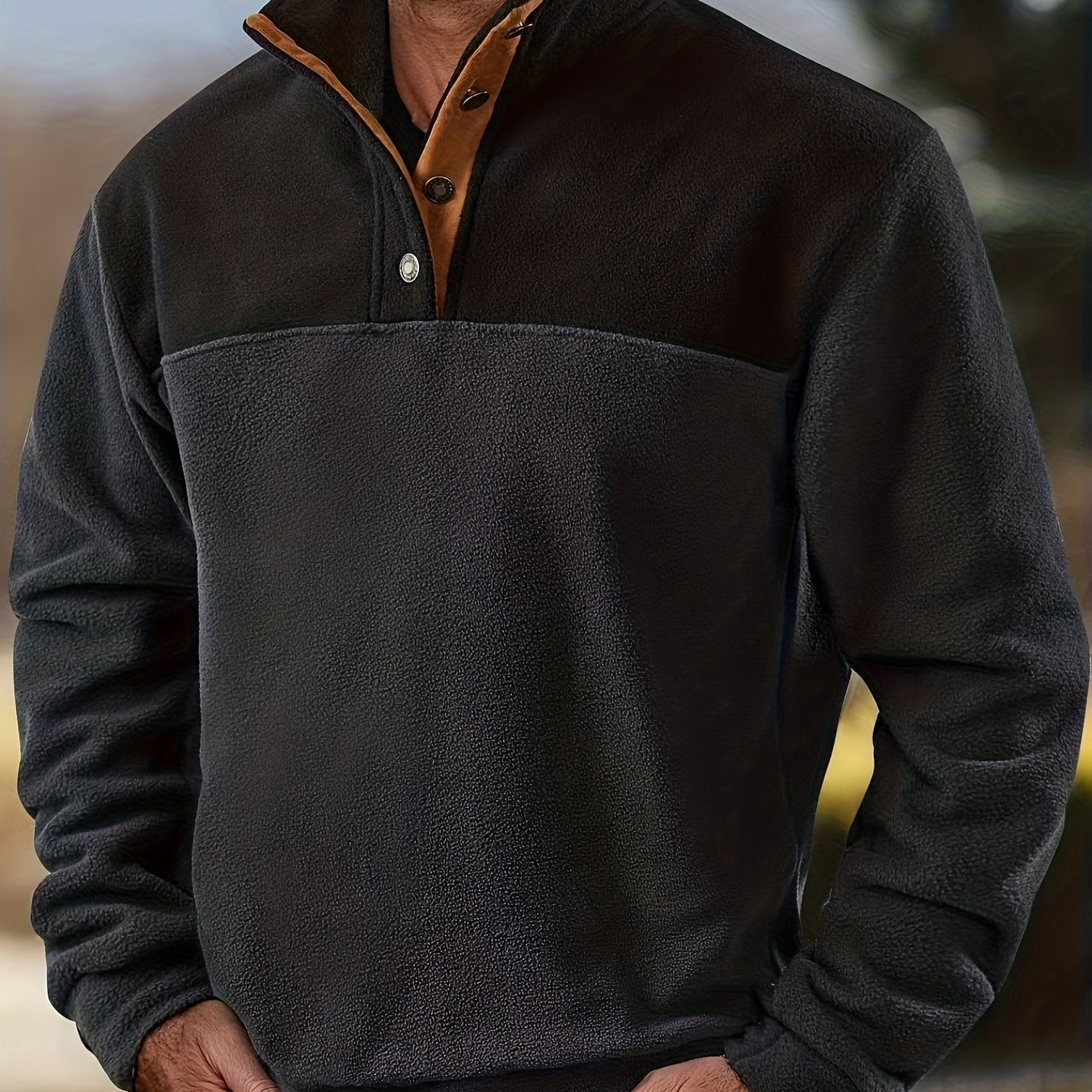 Herren Fleece-Pullover Stehkragen Knopfleiste Patchwork Outdoor