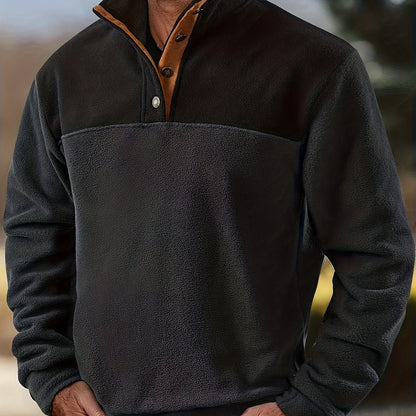 Herren Fleece-Pullover Stehkragen Knopfleiste Patchwork Outdoor