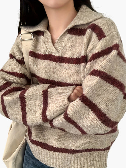 Women's knitted sweater with stripe pattern and polo collar – Elegant autumn/winter casual look