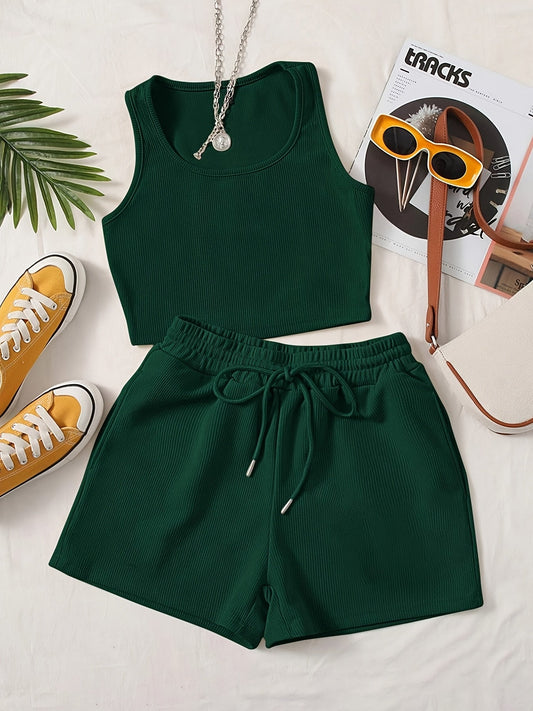Women's Casual Two-Piece Set – Ribbed Crop Top and Shorts, Fashionable Summer Look