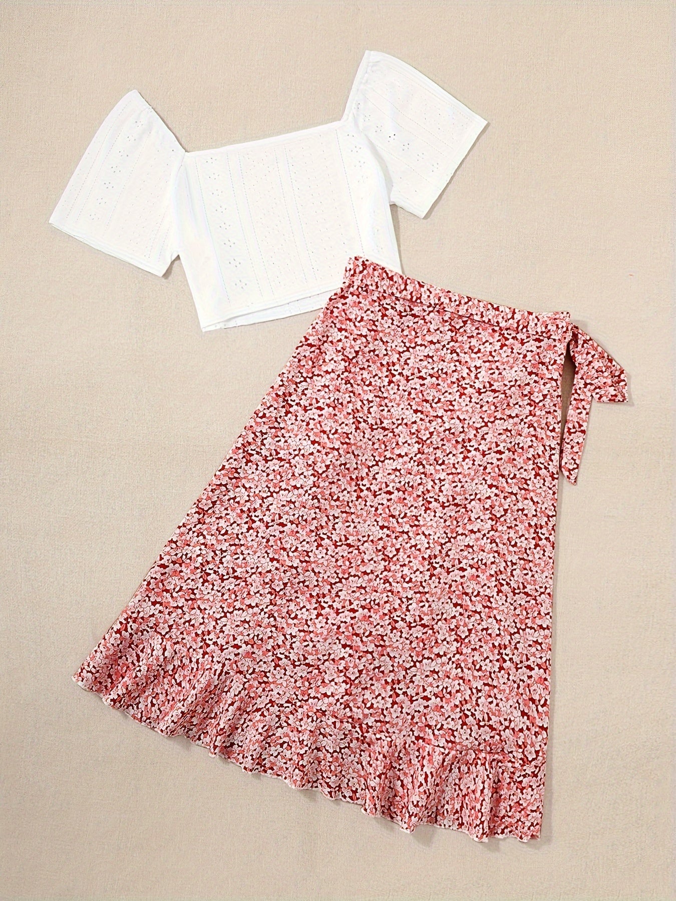 Damen Zweiteiler Set – Romantische Bluse mit Puffärmeln und Floraler Wickelrock – Perfekt für Sommer & Freizeit