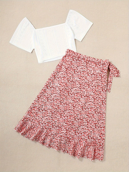 Damen Zweiteiler Set – Romantische Bluse mit Puffärmeln und Floraler Wickelrock – Perfekt für Sommer & Freizeit