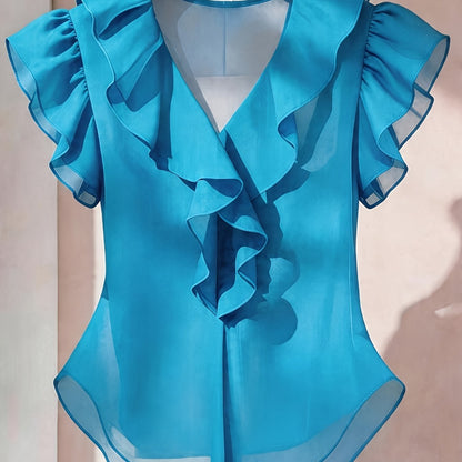 Women's blouse with ruffles and V-neck – Elegant frilled blouse for office and leisure