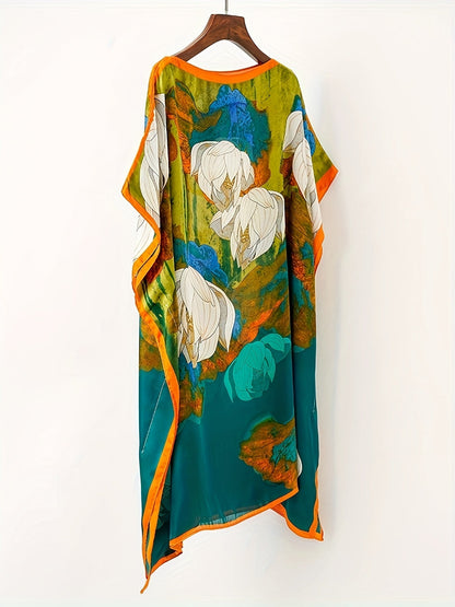 Women's Boho Beach Poncho – Asymmetrical, Floral Pattern, Perfect for Vacation & Summer