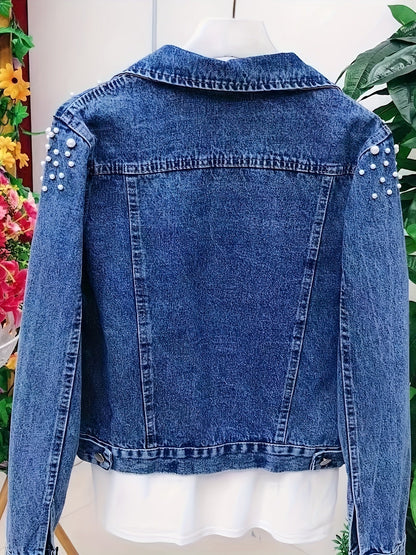 Women's denim jacket with blue pearl embellishments