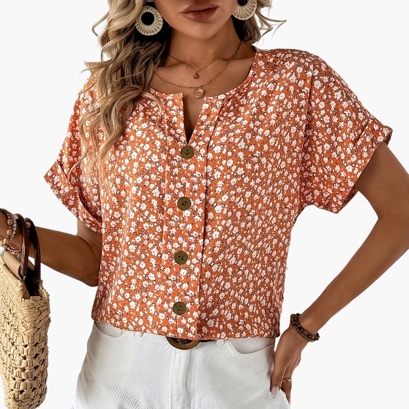 Women's Short-Sleeve Blouse with Floral Pattern and Button Placket – Elegant Summer Fashion for Everyday & Leisure