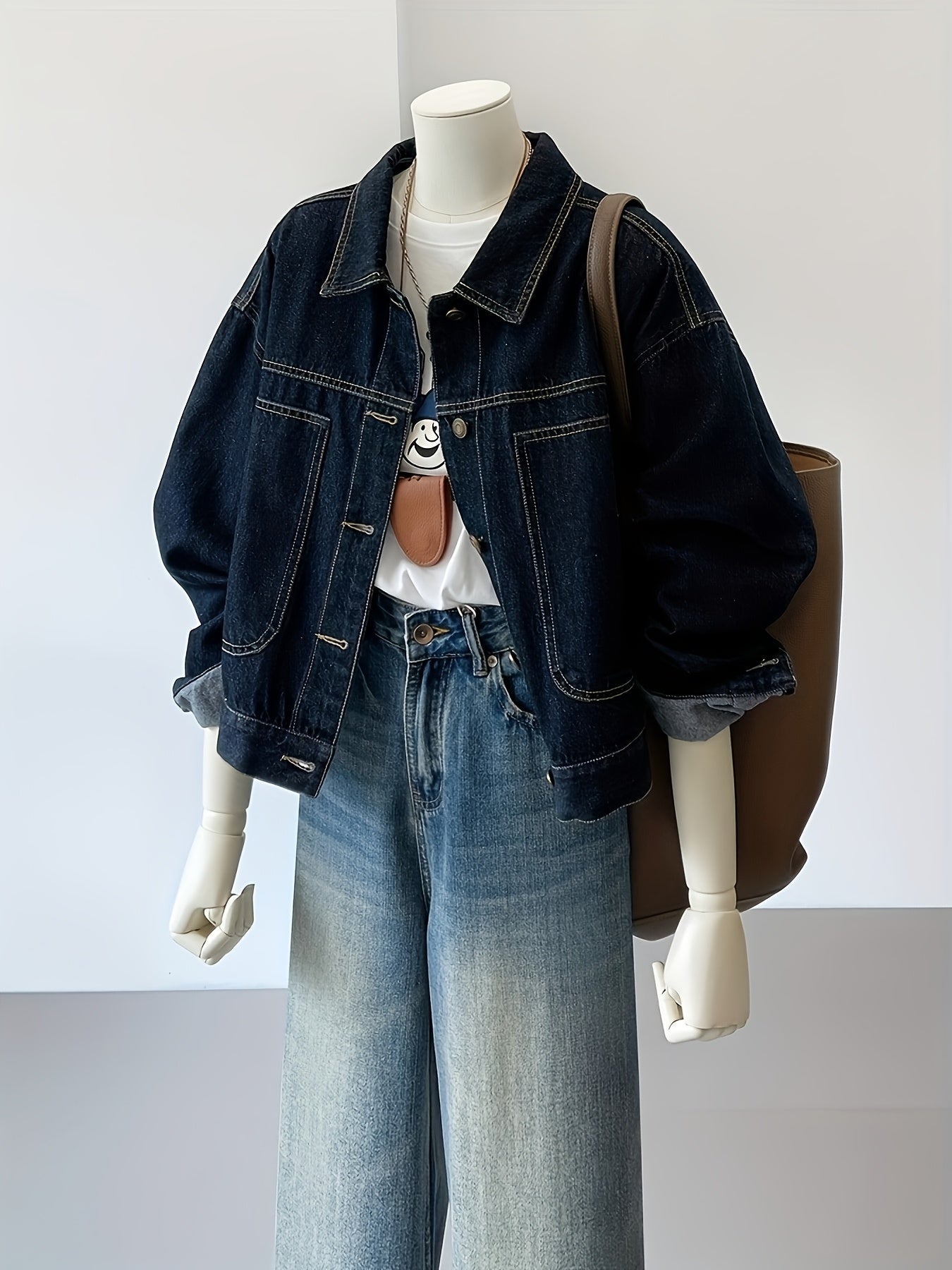 Dark blue cropped casual oversized women’s denim jacket