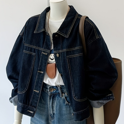 Dark blue cropped casual oversized women’s denim jacket
