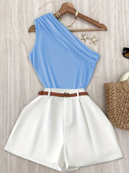 Women's One-Shoulder Elegant Summer Outfit Set – Stylish Shorts and Top for Leisure and Vacation
