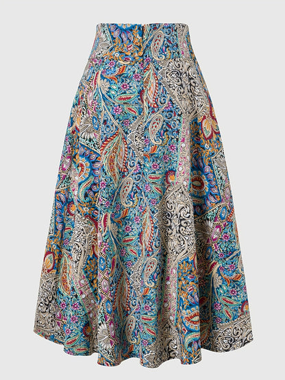 Women's Elegant Boho Midi Skirt with Paisley Pattern and Bow Detail – Perfect for Spring & Summer