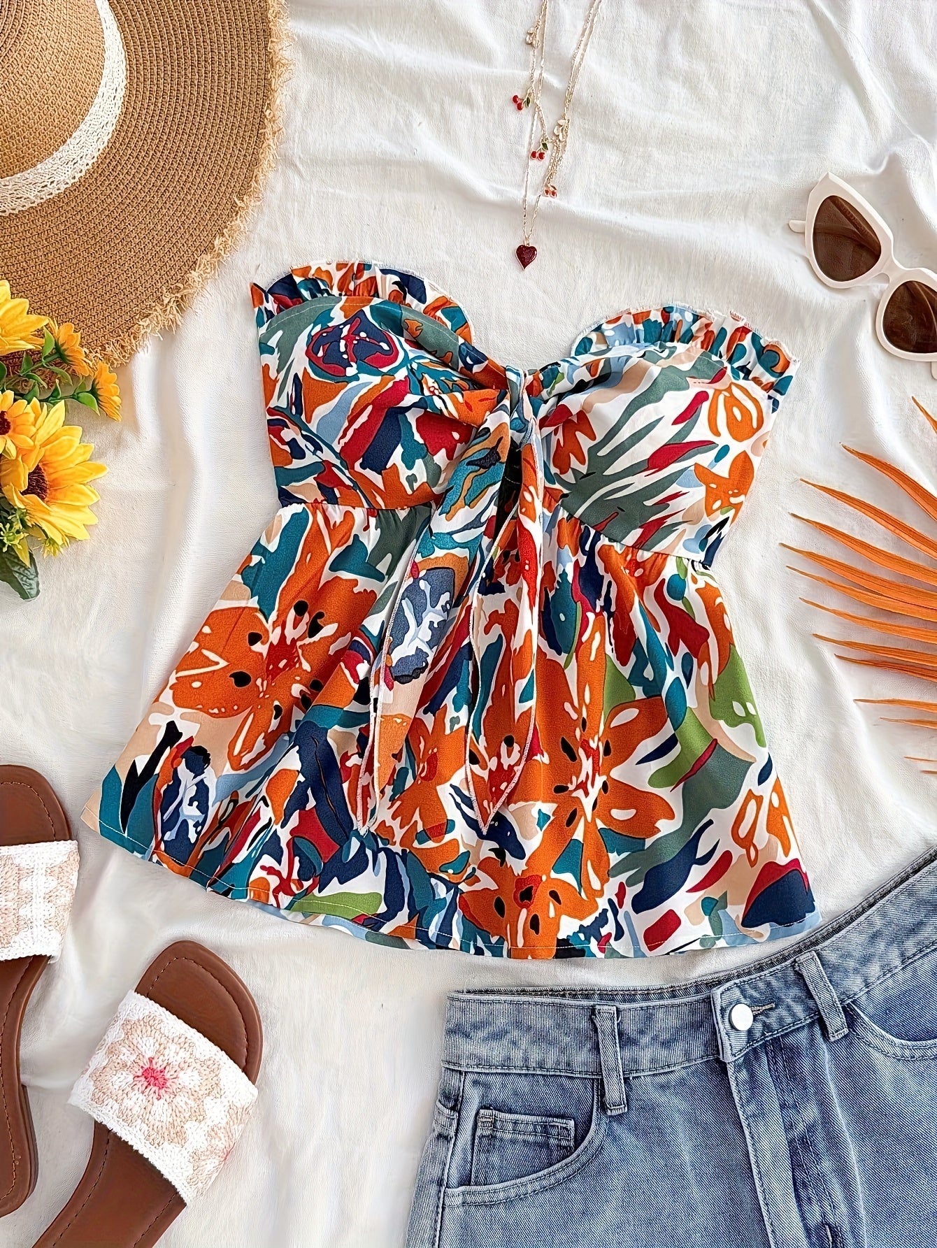 Women's Bandeau Knot Top with Abstract Floral Pattern – Summer Casual and Beach Top