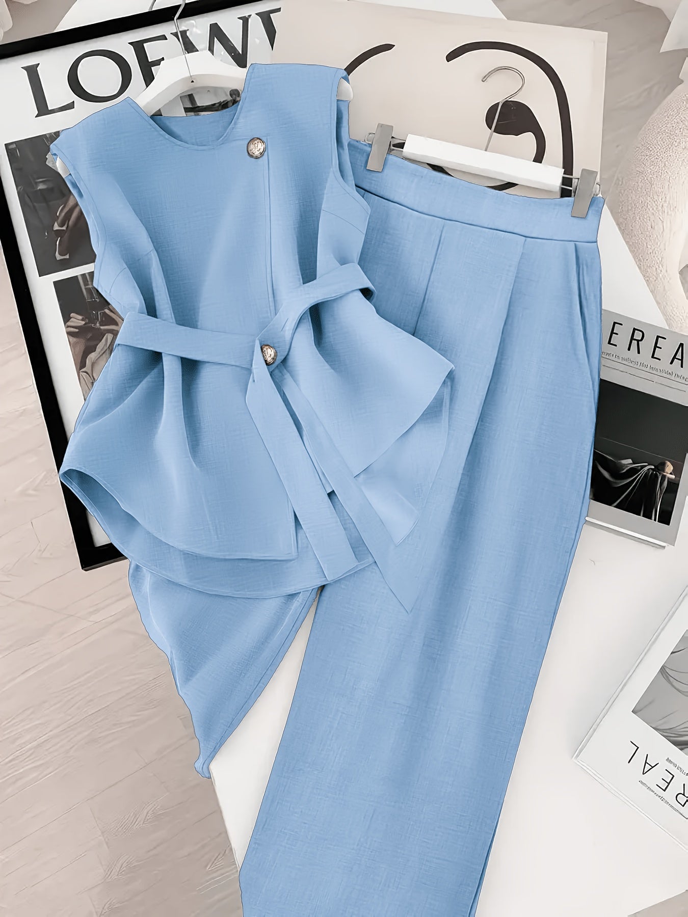 Women's Two-Piece Set – Elegant Business Outfit with Wrap Top and Wide Pants – Modern Office & Occasion Ensemble