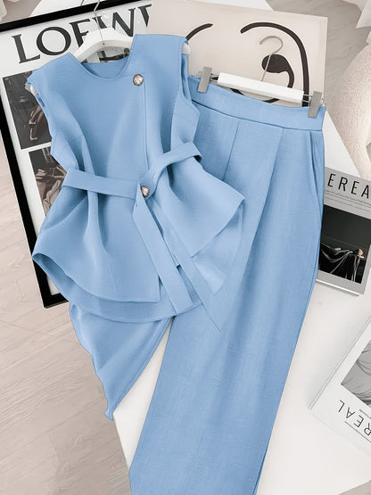 Women's Two-Piece Set – Elegant Business Outfit with Wrap Top and Wide Pants – Modern Office & Occasion Ensemble