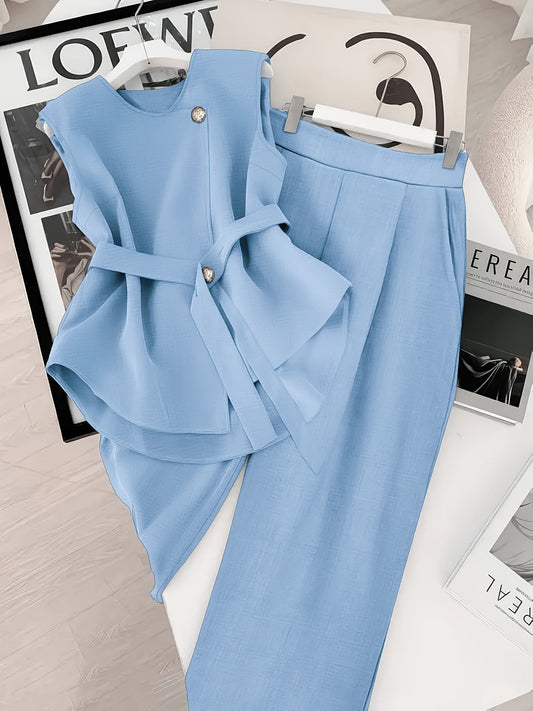 Women's Two-Piece Set – Elegant Business Outfit with Wrap Top and Wide Pants – Modern Office & Occasion Ensemble