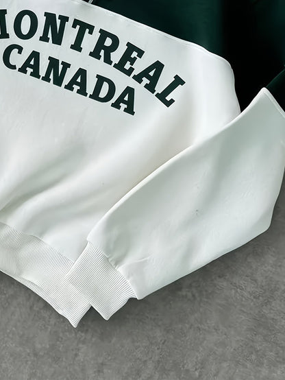 Unisex long-sleeve sweatshirt with collar, zipper, and “Montreal Canada” print – Green/White